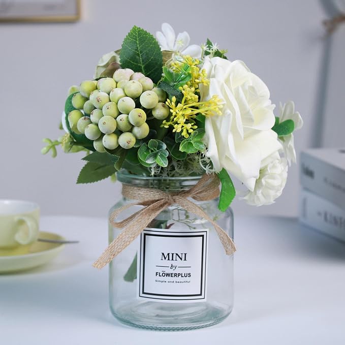 Faux Flowers in Vase for Vanity Decor, Centerpieces for Tables Office Desk Valentine's Day Gift, Artificial Flowers With Vase for Nightstand