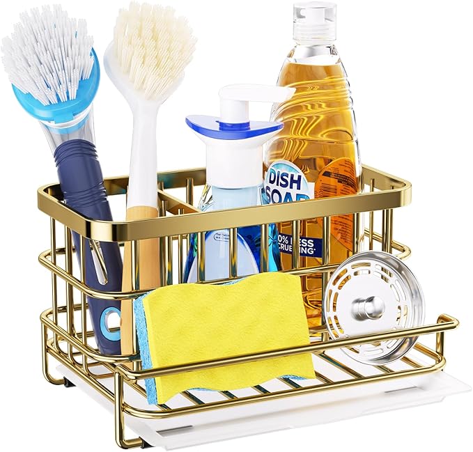 HapiRm Multifunctional Kitchen Sink Organizer with Removable Drain Tray, Quick Draining Rustproof Sink Caddy, Stainless Steel Kitchen Sponge Holder for Holds Sponge, Cleaning Towel and Scrubber - Gold