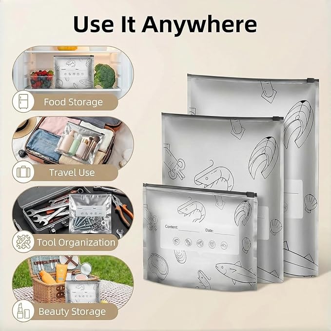 10 Bags per Set Reusable Aluminum Foil Sealable Storage Bags, New Resealable Vacuum Zipper Pouches for Food, Stand Up Foil Sealable Bags with Label and Zip Lock for Vegetable Fruit Meat (Small)