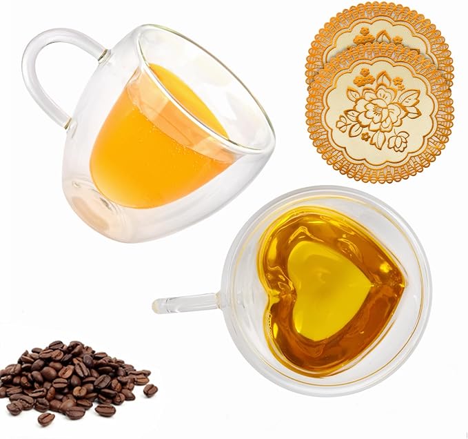 Double Wall Heart Shaped Coffee Mugs Set of 2, Espresso Glass Cups with Handle, for Coffee, Latte, Tea, Wine cup, Party, Gifts, 8oz/240Ml (with Exquisite Coasters)