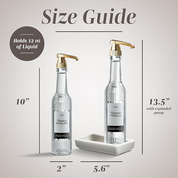 COOK WITH COLOR Glass Coffee Syrup Dispenser with Pump- Set of 2 Syrup Bottles for Coffee Bar, Decorative 350 ML Bottle with Ceramic Holder, Funnel, Labels and Extra Pumps, Textured Clear