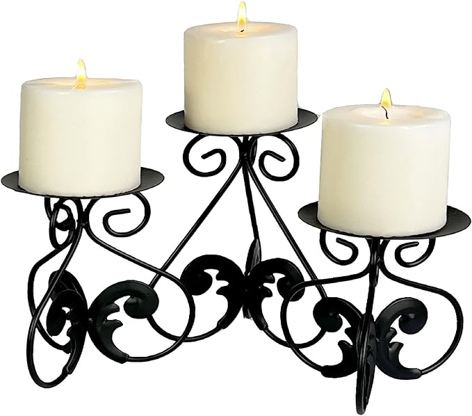 Lily’s Home Elegant Scrollwork Fleur De Lis Pillar Candle Holders, Wax & LED Candle Stands, Black, Set of 3. Candles Not Included