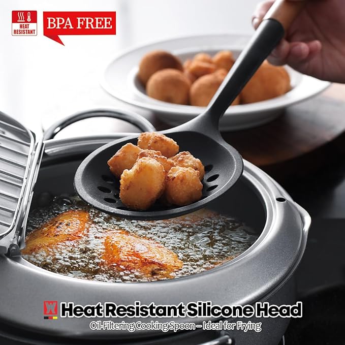 WAGENSTEIGER Silicon Cooking Skimmer Ladle with Wooden Handle: Slotted Cooking Spoon for Deep Frying Food, Food Separator, Heat Resistant, BPA Free, Gentle Head Design for Non-Stick Cookware