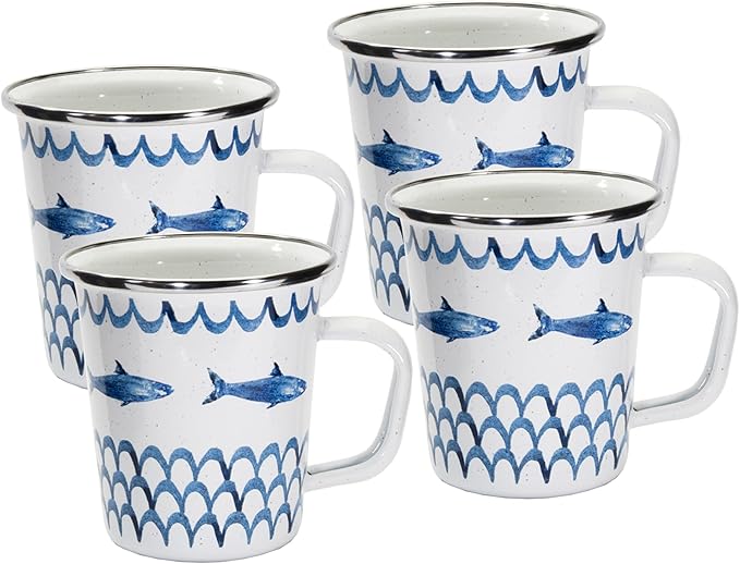 Golden Rabbit Enamelware Latte Coffee or Tea Mugs, 16 ounce, Fish Camp, Set of 4