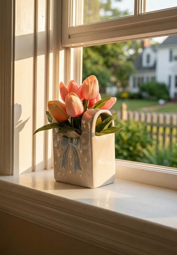 Spring Decor, Artificial Tulips in Ceramic Vase Spring Easter Table Centerpiece for Home Indoor Table Shelf Mantel Living Room Bathroom Bedroom Dining Coffee Bar Kitchen Decoration