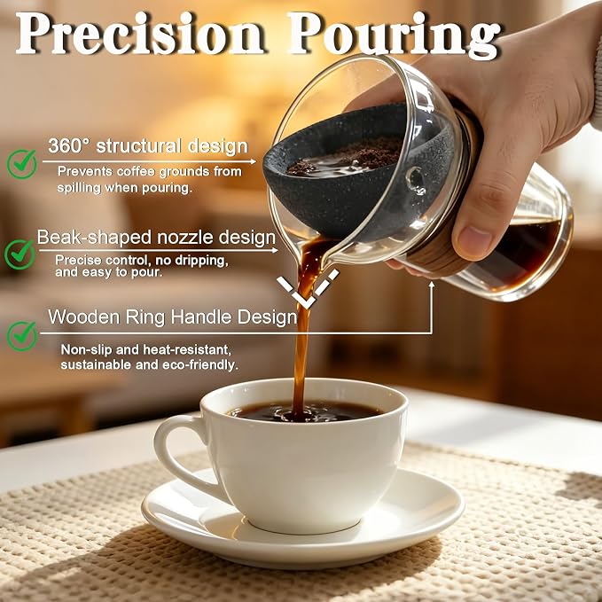 Glass Pour Over Coffee Maker Set, Ceramic Drip, No Paper Filters Needed | Reusable 50-Micron Ceramic Filter, Beginner-Friendly, Retain Coffee Oil, 360° Rotation, Portable 250ml Serve, Office, Camping