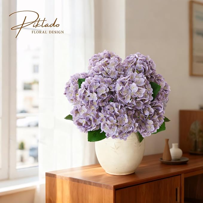2 Bunch 21in Real Touch Hydrangea Artificial Flowers with 10pcs Flower Head 20pcs Leaves Faux Hydrangea Flowers for Home Office Decor Wedding Party Arrangements (Purple, 2 Bunch)