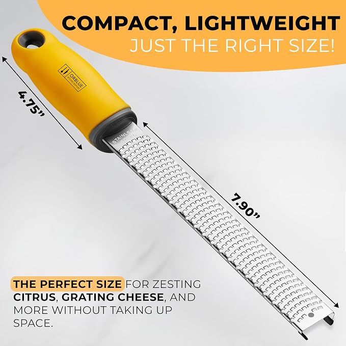 Orblue Lemon Zester & Cheese Grater - Premium Citrus Zester, Kitchen Grater for Parmesan, Chocolate, Fruits, Vegetables, Ginger, Garlic, Nutmeg - Stainless Steel Blades with Protective Cover, Yellow