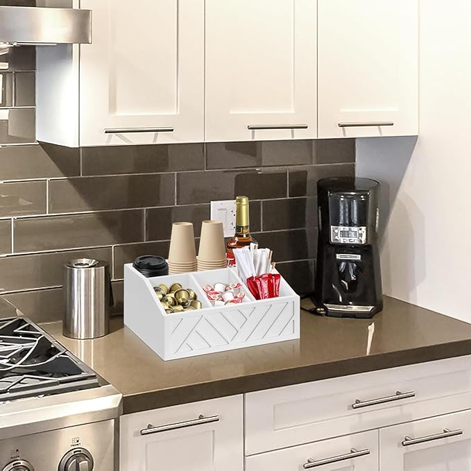 Wood Coffee Station Accessories - Coffee Bar Decor Organizer, Pod Syrup Holder, Condiment Organizer for Countertop (White)