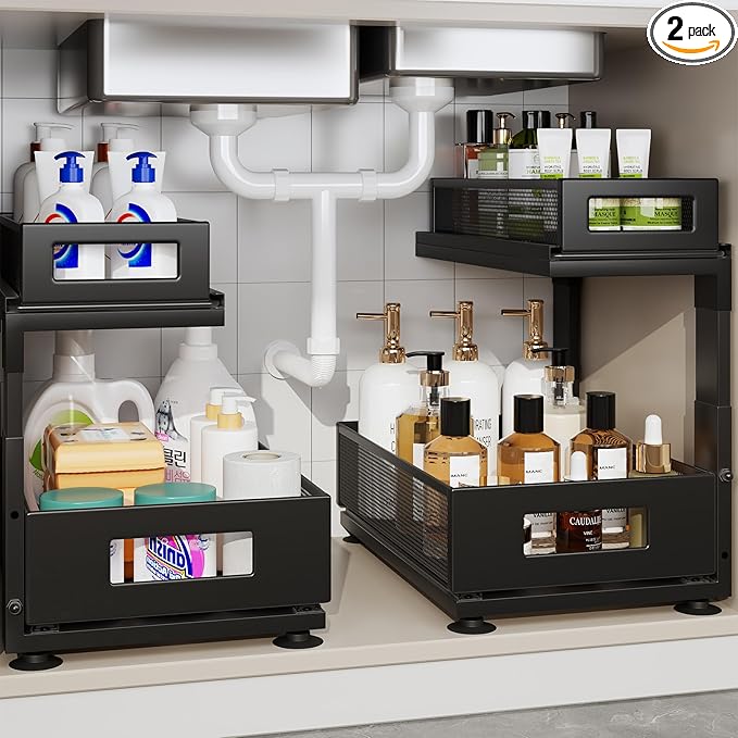 2 Pack Under Sink Organizer with Next-Gen Ball-Bearing Slides,2-Tier Pull Out Cabinet Storage,Height Adjustable Drawer Shelf for Bathroom,Kitchen,Laundry,Cabinet,Pantry(Patent Pending)