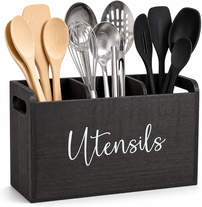 Black Kitchen Utensil Holder for Countertop – Large 3-Compartment Cooking Utensil Organizer & Caddy with Drain Holes, Modern Wood Utensil Holder for Kitchen Counter, Spatula & Spoon Storage