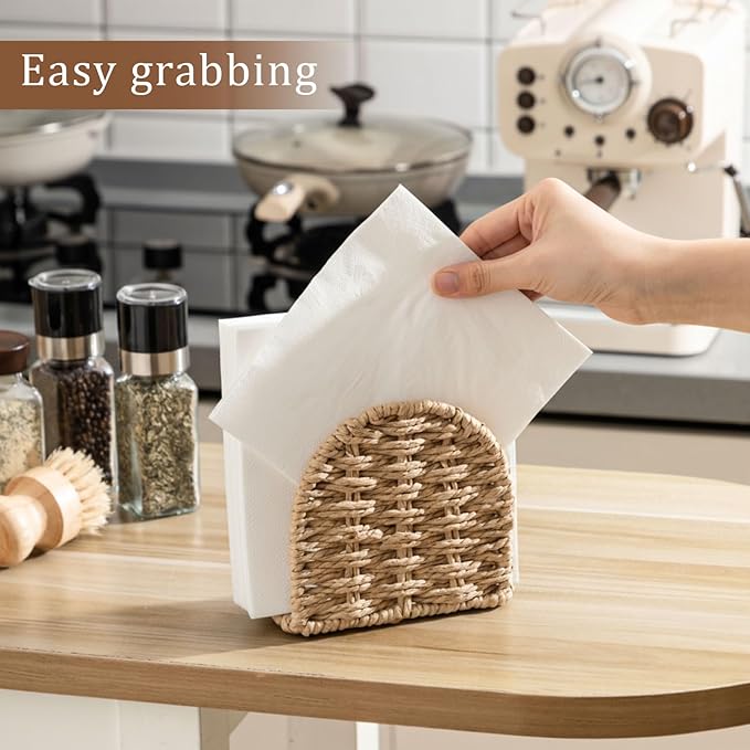 Threehoney Woven Rattan Wicker Upright Napkin Holders for Table Standing Paper Dispenser for Guest Restaurant Kitchen Bathroom Room Cocktail Decoration Indoor & Outdoor Party Use(Arched,Flaxen)