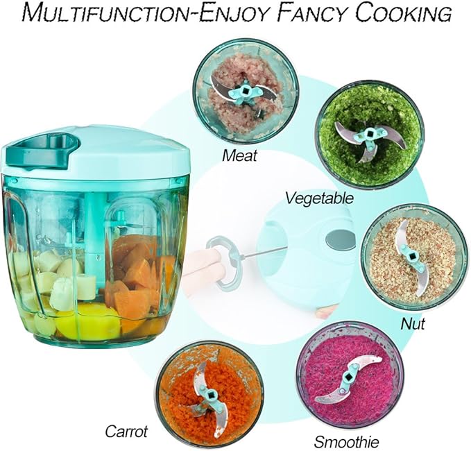 Ourokhome Manual Food Processor Vegetable Chopper, Portable Hand Pull String Garlic Mincer Onion Cutter for Veggies, Ginger, Fruits, Nuts, Herbs, etc., 900ml, Blue