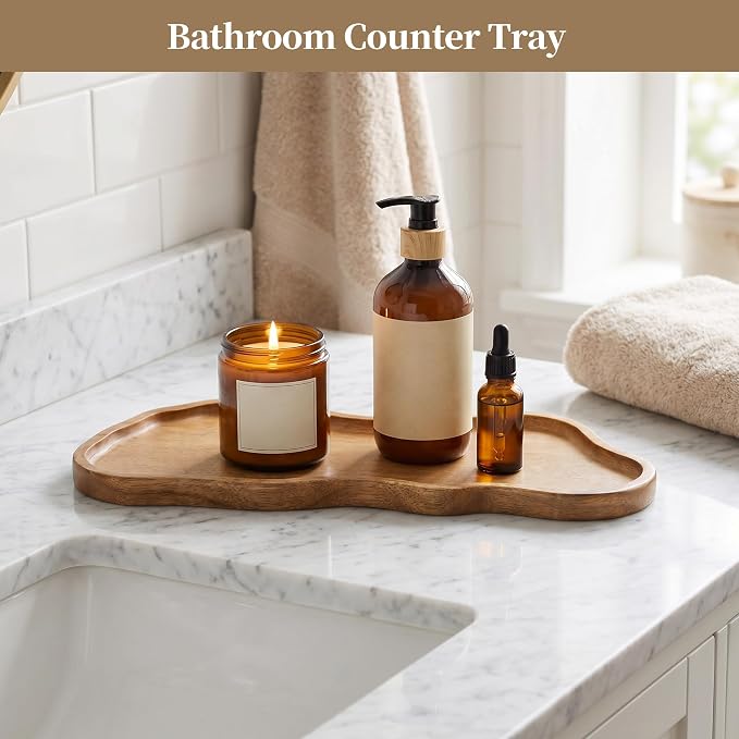 Small Wooden Tray | Acacia Wood Tray for Vanity, Bathroom Counter, Coffee Table & Toilet | Perfect for Jewelry, Remote, Perfumes & Catch All | Mini Charcuterie Board Serving Platter (Footprint Shape)