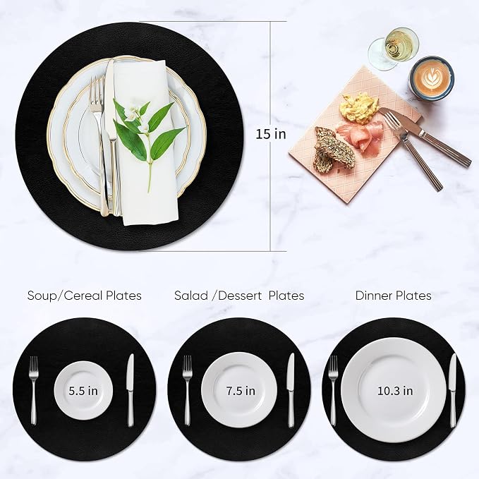 ADRIMER Placemats, Heat Resistant Round Placemats Set of 4 Washable, Waterproof Table Mats, Wipeable Faux Leather Place Mats for Kitchen, Dining Room, Black