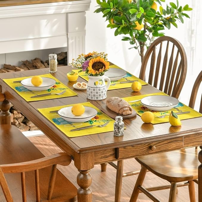Bloss Yellow Hello Sunshine Sunflower Summer Placemats Set of 4, 12 x 18 Inch Spring Seasonal Holiday Decoration Rustic Vintage Washable Table Mats, Placemats for Dining Table