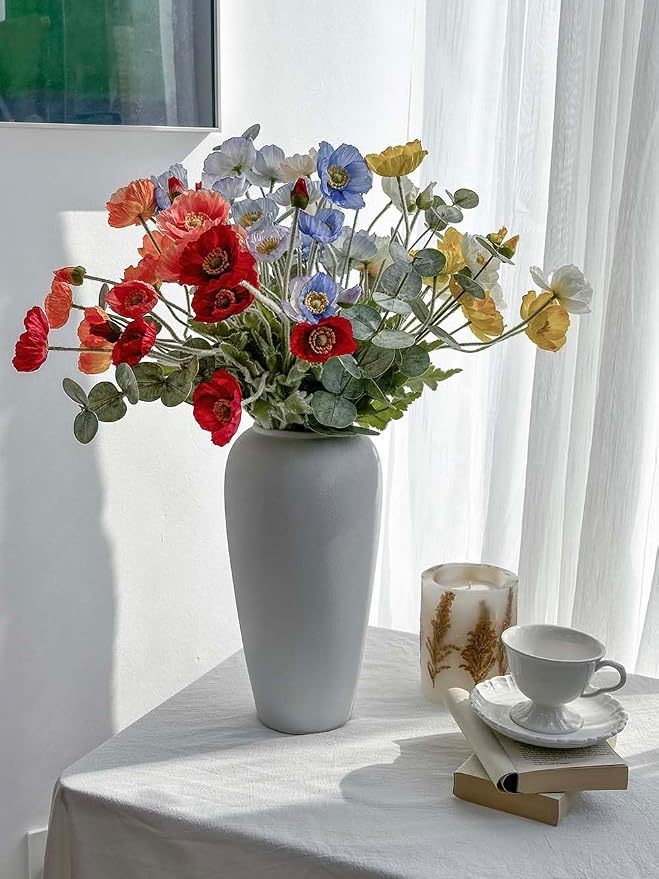 Blue Poppy Artificial Flowers and Eucalyptus Stems mixed, Fake Silk Flowers with Stems for Vase, Faux Floral Arrangements for Wedding Party Farmhouse Home Office Table Centerpieces Decoration