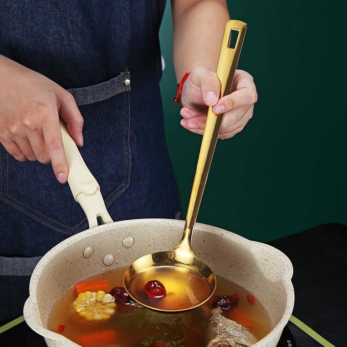 Gold Ladle, Berglander Stainless Steel Kitchen Ladle With Titainium Gold Plating, Soup Ladle, Cooking Ladle, Metal Soup Spoon For Cooking, Dishwasher Safe, Easy to Clean