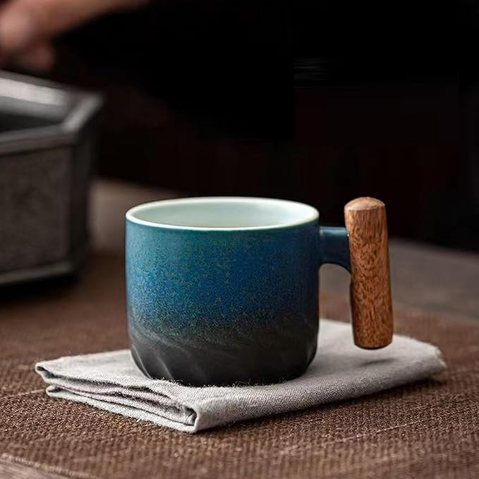 2.5oz Ceramic Espresso Cups with Wooden Handle, Chinese KungFu Tea Cup, Coffee Cups Set of 4 (Blue)
