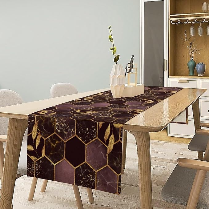 Marble Table Runner, Burgundy Red and Gold Abstract Geometry Hexagon Modern Luxury Texture Printed Linen Table Runners for Living Room Kitchen Dining Room Party Holiday Decor 13" W x 60" L