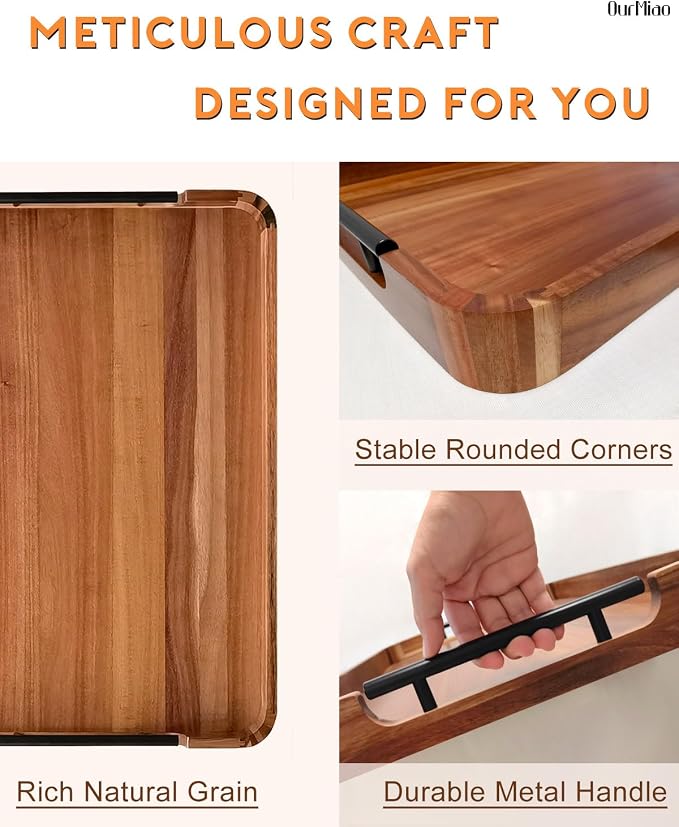 22" Acacia Wood Ottoman Serving Tray with Metal Handles & Rounded Corners | Large Rectangular Decorative Wooden Tray for Living Room Kitchen Coffee Table Couch Bed