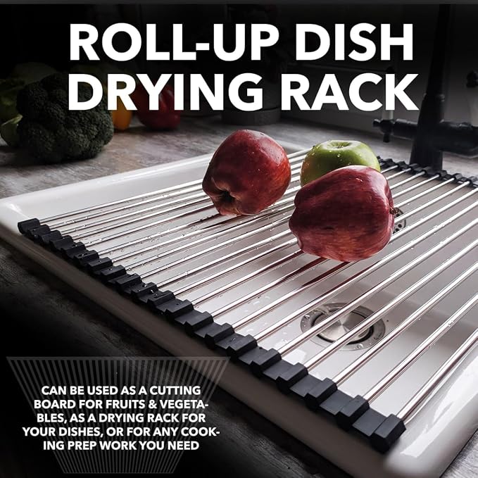 Roll-Up Dish Drying Rack 21"(L) x 16"(W) - Foldable Multipurpose Heat Resistant Large Stainless Steel Kitchen Rollup Dish Drainer Over Sink Mat - Silicone Coated Rims
