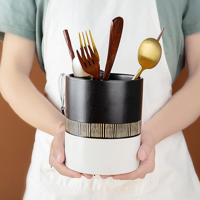 Kitchen Utensil Holder for Countertop,5" Ceramic Utensils Crock,Large Vintage Organizer for Storing Cooking,Heavy Spatula Holders,Farmhouse Tool Caddy, Home Counter Organizing Decor (Black)