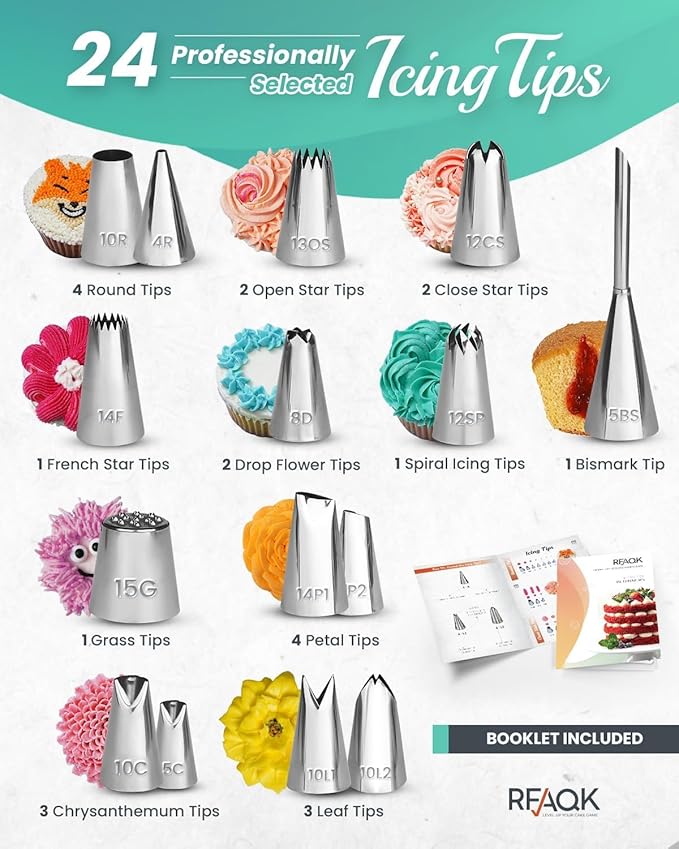RFAQK 90PCs Cake Decorating Kit with Leveler, Baking Supplies Gift Includes Cake Stand Turntable, 24 Numbered Icing Tips, 55+1 Piping Bags, 2 Frosting Spatulas, 3 Scrappers, Video Course & Booklet