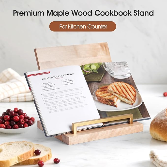 Cookbook Stand with Removable Cutting Board – Adjustable Recipe Book Holder, Charcuterie Board & Kitchen Serving Tray, Kitchen Counte Decor (Gold)