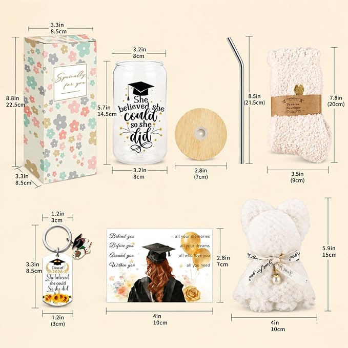 Graduation Gift for Her 2026 - 16oz Glass Cups with Lids and Straws, Coffee Mug Gift Set for Women, College Graduate Gift Box, Master Degree Doctorate Nursing PHD, Congrats Class of 2026 (White 3)