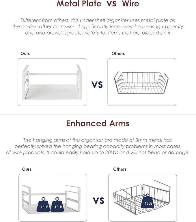 Nxconsu Under Shelf Basket Storage Organizer 2 Pack, Small 11" White | Heavy-Duty Metal Under Shelf Basket Holds 30 lbs, No-Drill Knob-Lock Storage Organizer for Kitchen Cabinet Pantry Cupboard