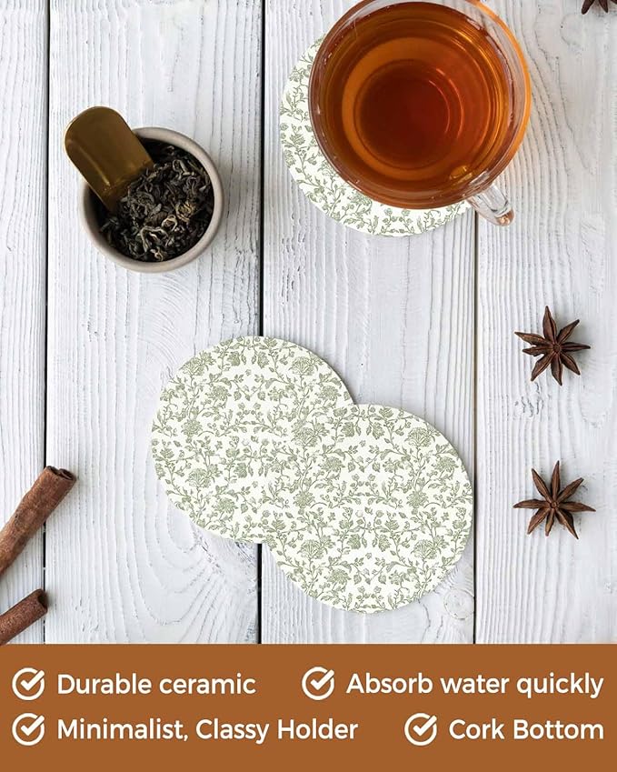 Drink Coasters Sage Green Pastoral Flower Absorbent Stone Ceramic Coaster with Cork Back and NO Holder for Cups, Set of 4-Piece Farmhouse Coasters for Drinks