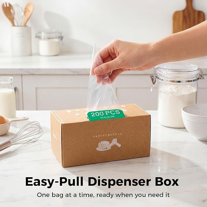 16-Inch Heavy-Duty Disposable Piping Bags, 200 Pack – Extra Thick Smooth Pastry Bags with Easy-Pull Dispenser Box for Cake Decorating, Buttercream Frosting, Cookie Icing & Baking Supplies
