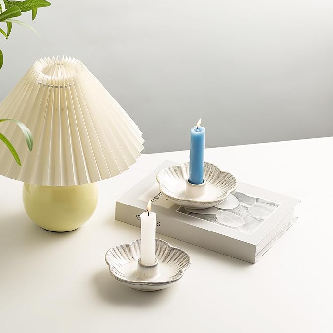 Ceramic Candle Holder, Candlestick Holder for Candles,Incense, Santo Palo, Rustic Vintage Home Decor for Halloween Christmas Weddings, Dining Room Table & Living Room Display (Vintage White)