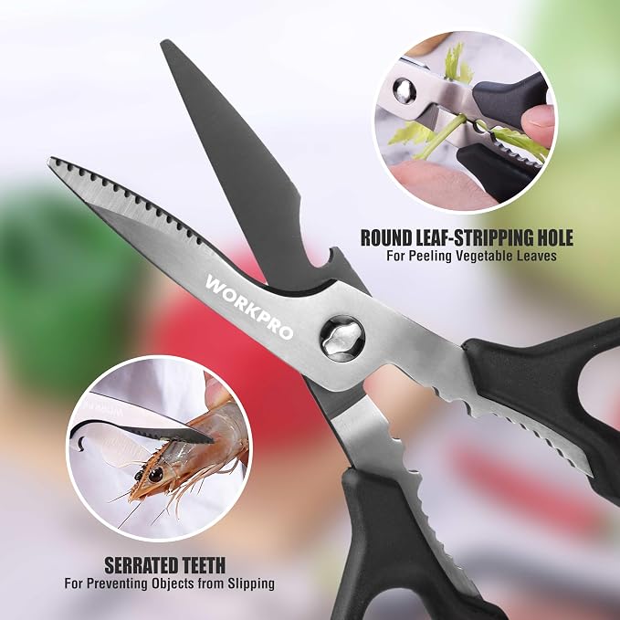 WORKPRO Kitchen Scissors, All Purpose Kitchen Shears with Detachable Stainless Steel Blades, Titanium Coated for Easy Cleaning, Heavy Duty for Meat, Fish, Nuts, Vegetables, Protective Cover Included