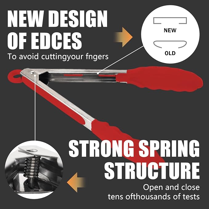 Kitchen Tongs with Silicone Tips, Kitchen Tongs, Cooking Tongs, Premium Stainless Steel Locking Cooking Tongs, Non-Slip Food Tongs for Cooking, Heavy Duty, Non-Stick, 480℉, Set of 3-7"/9"/12" Red