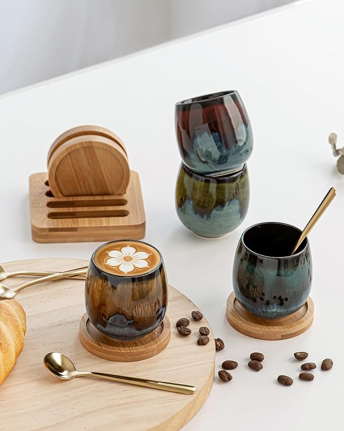 2.7 Oz Mini Espresso Cups Set of 4, Colorful Ceramic Demitasse Cups with Bamboo Coasters & Spoons, Unique Glaze Mugs for Turkish Coffee, Macchiato, Espresso Martini, Dishwasher & Microwave Safe