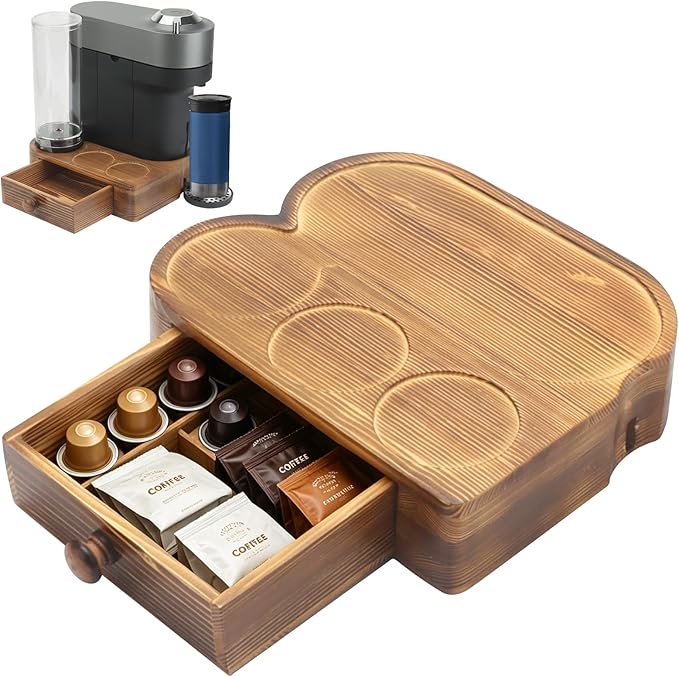Riser Stand for Nespresso Vertuo Pop+, with Coffee Pod Drawers Organizer - Elevated Base Fits Tall Mugs (Up to 7.48" H), Coffee Station for YETI Rambler & Stanley 20oz Cups - For Pop+ ONLY (Not Pop) Brown