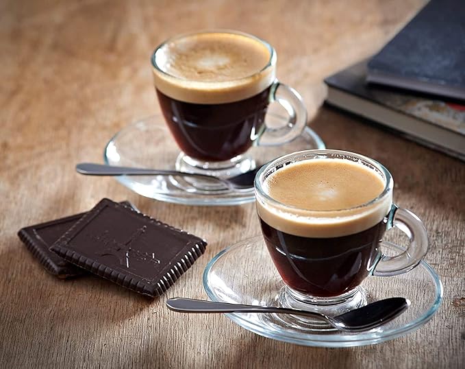 BOHEM'S Espresso Cups, 3.2-Ounce. Small Demitasse Clear Glass Espresso Drinkware, Set Of 2 Cups, Saucers and Stainless Steel mini Spoons, Hostess, Coffee Lover/Enthusiast (clear)