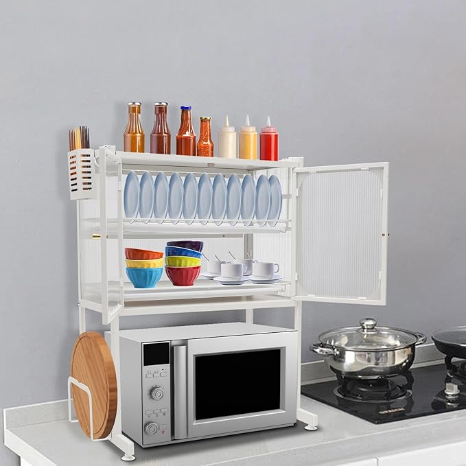 Over The Sink Dish Drying Rack with Cover, 3 Tier Dish Drainer Drying Rack Over The Counter Dish Rack Organized Space-Saving Dish Drying Rack, Keep Kitchen Sink Shlef for Dishes Bowls Cutlery (White)