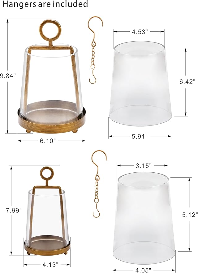 6" & 4" Wide Modern Farmhouse Metal Hurricane Candle Holder with Handmade Sturdy Glass Sleeve in Antique Brass for Pillar Candle & Plants, Glass Hurricane Lantern, Industrial, Minimalistic