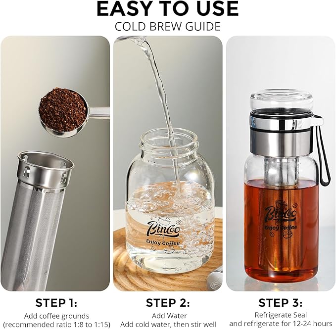 Bincoo Glass Cold Brew Coffee Maker with Extended Fine Mesh Filter, Tea Infuser Bottle Iced Coffee Maker with Thick Borosilicate Glas