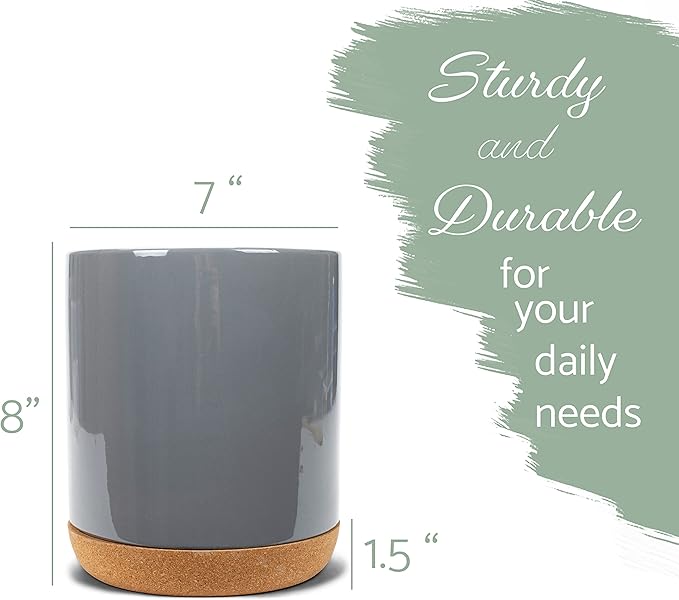 Elanze Designs Glossy X-Large Ceramic Stoneware Cork Bottom Kitchen Utensil Holder, Grey