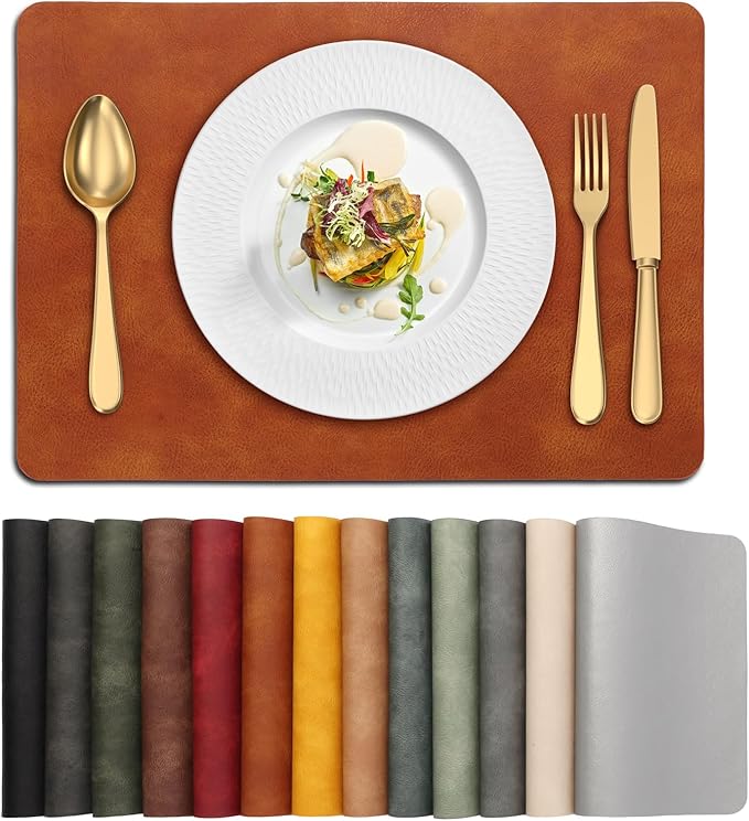 UnivoColors Placemats,Heat Resistant Placemats Set of 6 Washable 12 x 17 Inch,Waterproof Table Mats,Wipeable Pu Place Mats for Kitchen,Dining Room.Reddish Brown