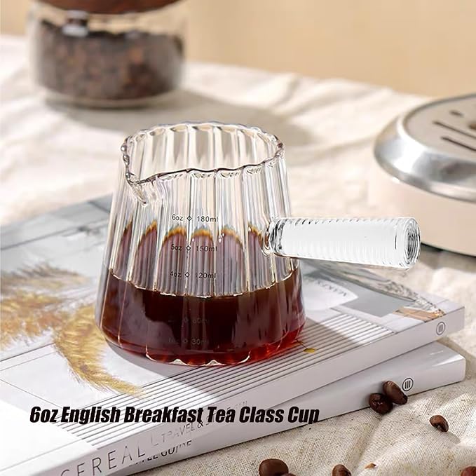 FANTESTICRYAN 6OZ Measuring Cup, Ribbed Borosilicate Glass Espresso Cup, V-Shaped Spout Drain Espresso Double Shots, Coffee Milk Tea Accessories (Clear, Glass Handle)