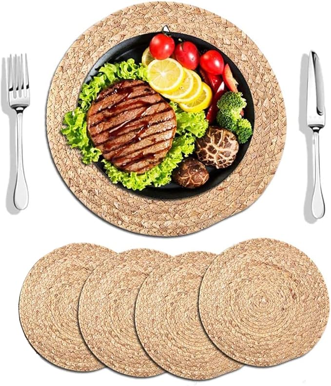 4 Pieces Round Woven Placemats, 13.8 inch Plate Chargers Natural Wicker Placemats Water Hyacinth Straw Braided Tablemats Rattan Tablemats Rustic Weave Placemats for Table Decoration