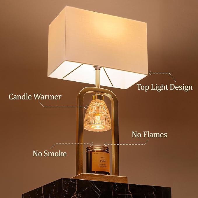 PoKat Gold Table Lamp Candle Warmer, Candle Warmer Lamp with Timer Dimmer, Wax Light Warming Table Lamp for Jar Candles, Modern Bedside Lamp for House Warming Home Decor Living Room, Bulb Included