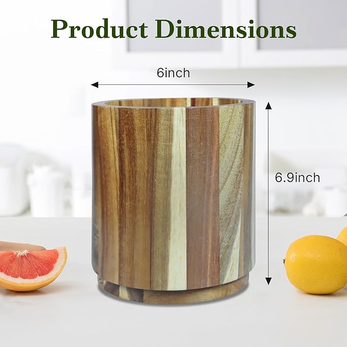 Acacia Wooden Utensil Holder for Kitchen Counter,360° Rotating 6.9" Wooden Cooking Utensil Crock for Countertop,Non-Slip Large Utensils Holders
