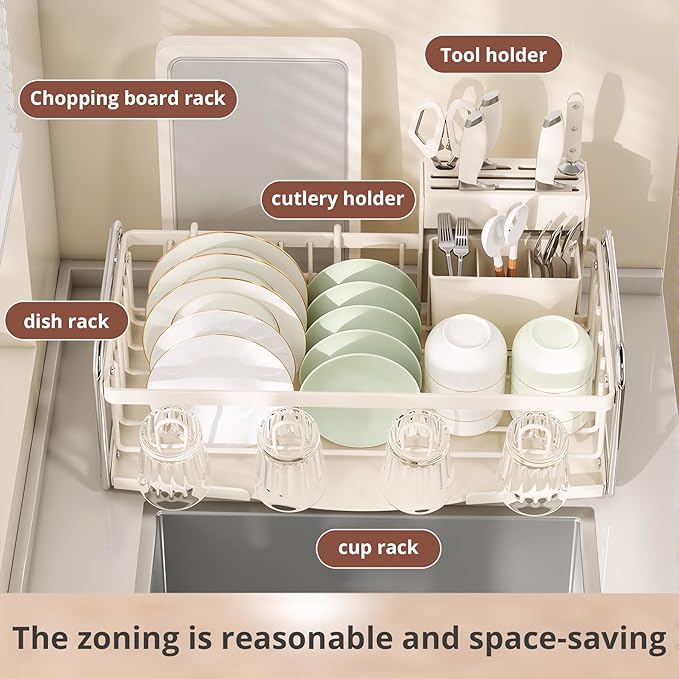 Compact Small Dish Drying Rack for Kitchen Counter - Narrow Metal Dish Drainer Rack with Utensil Holder, Space-Saving Plate Organizer for Sink Storage, Apartment & RV (Off-White Ivory)