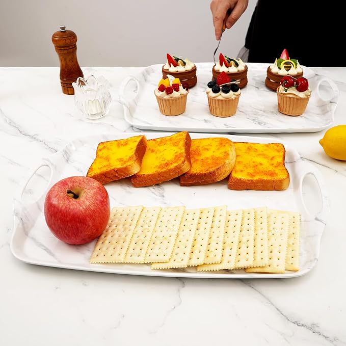 TP Large Serving Trays with Handles, 19" x 12" Melamine Serving Platters for Food, Turkey, Set of 2 Rectangular Trays for Party, White Marble